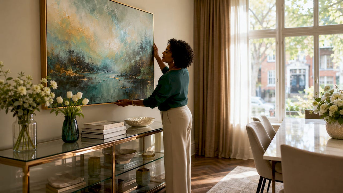Woman arranging wall art in living room