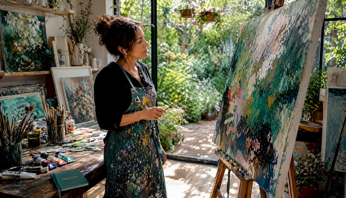 Artist studying abstract expressionist painting in studio
