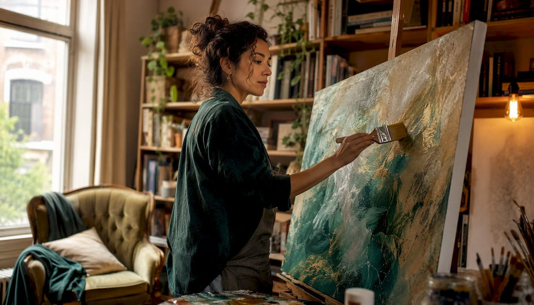 Artist painting colorful abstract art in studio