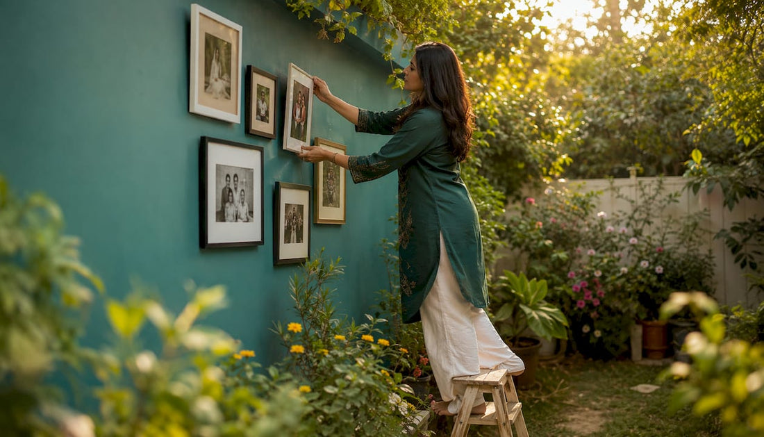 Woman arranging family photo gallery wall