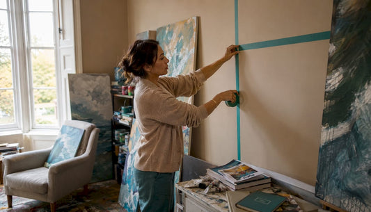 Woman using tape to plan picture hanging