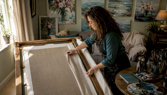 Artist stretching canvas poster over frame