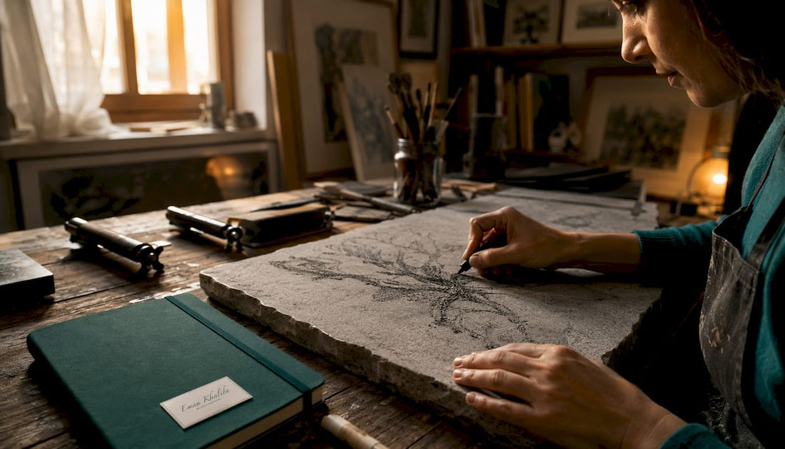 Artist drawing on lithography stone