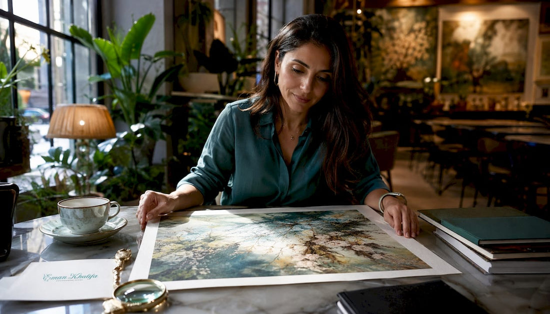 Collector examining a fine art print at home office
