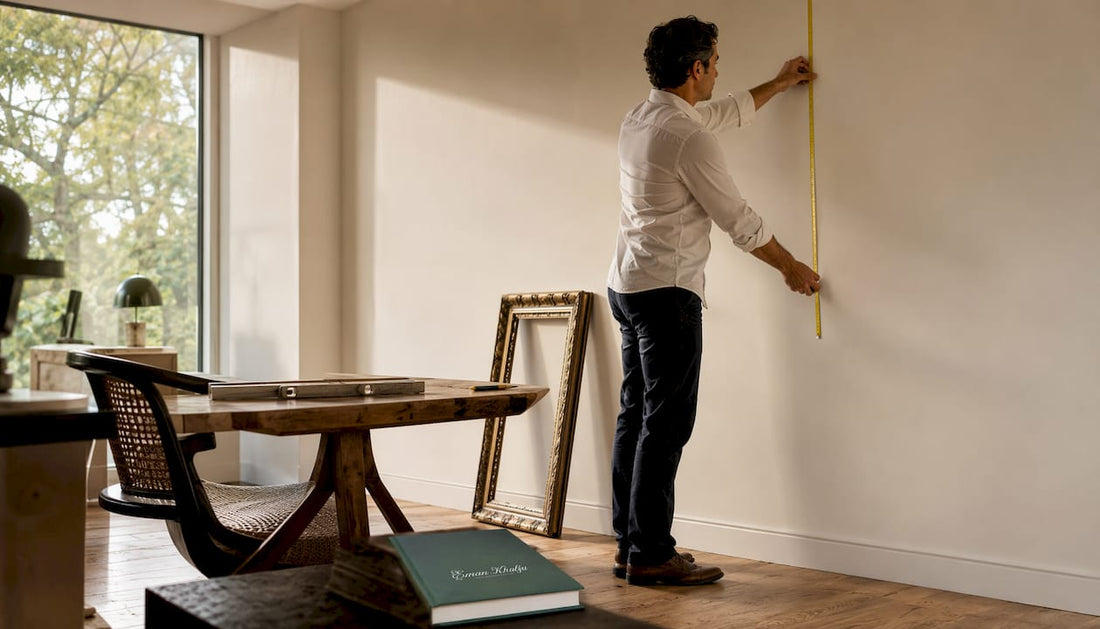Man measuring wall for canvas height