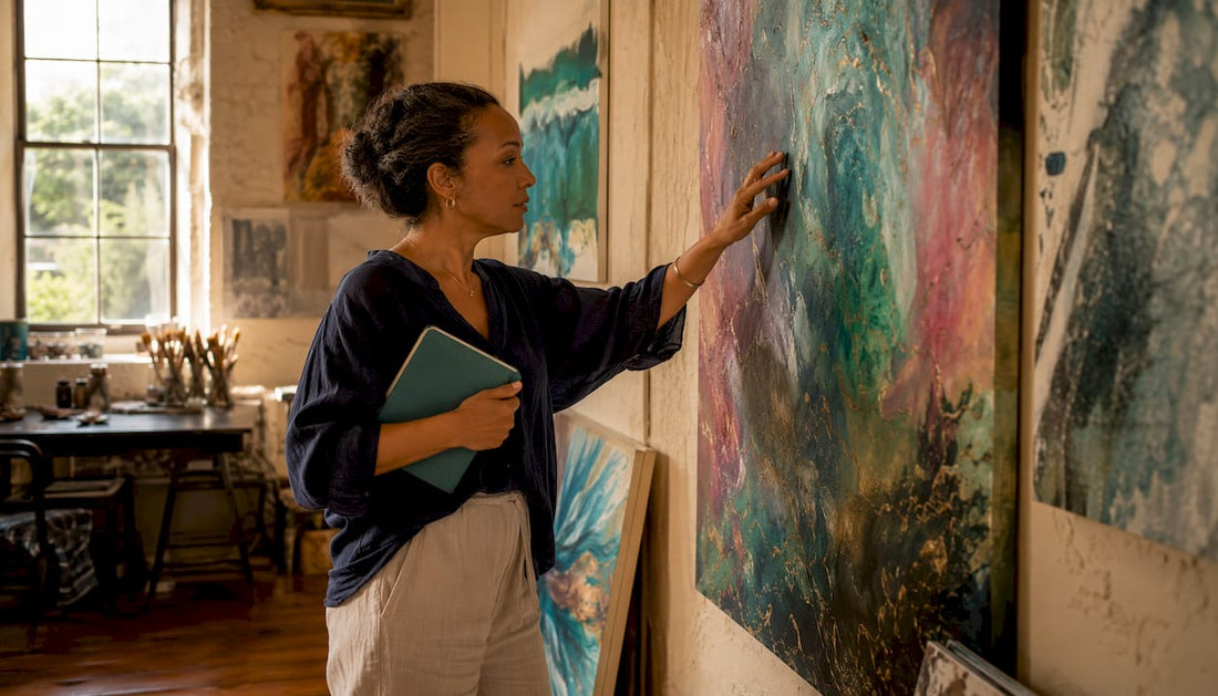 Woman quietly viewing abstract painting in gallery