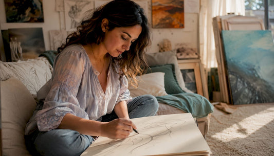 Artist drawing abstract lines in studio