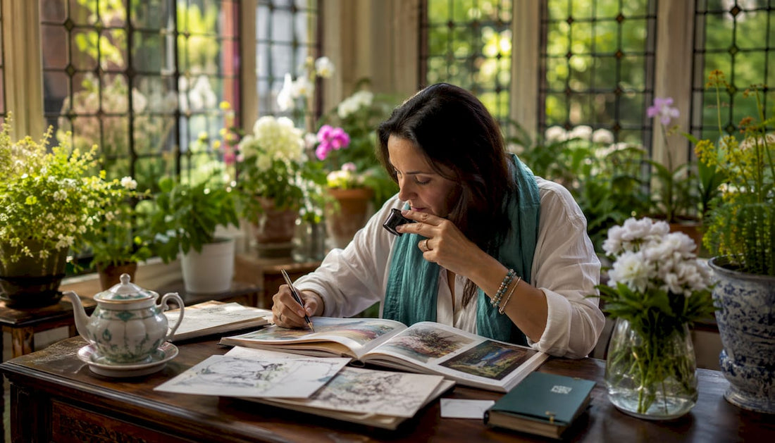 Art collector reviewing modern paintings in study