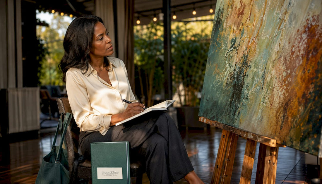 Woman examining abstract canvas painting in gallery