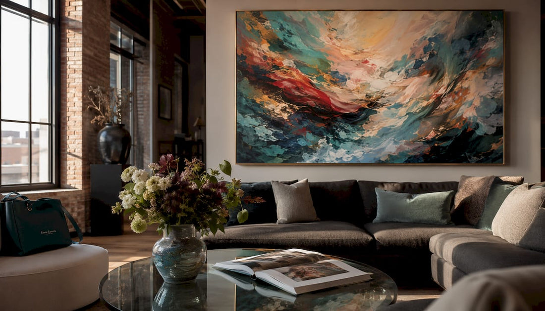 Large handmade abstract canvas in stylish living room