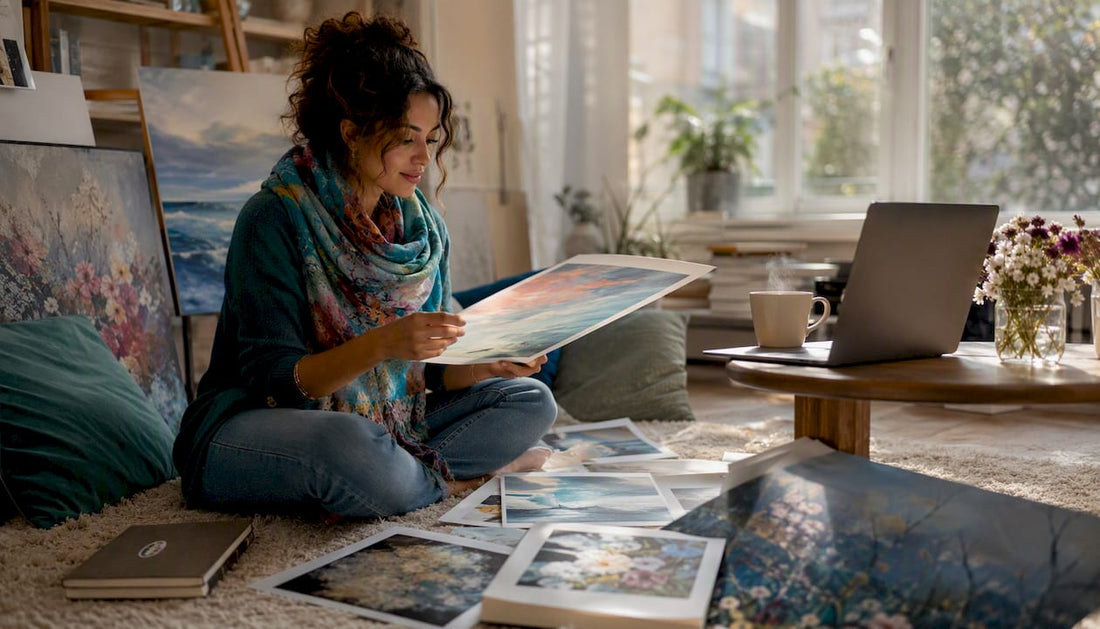 Woman reviewing affordable art prints at home