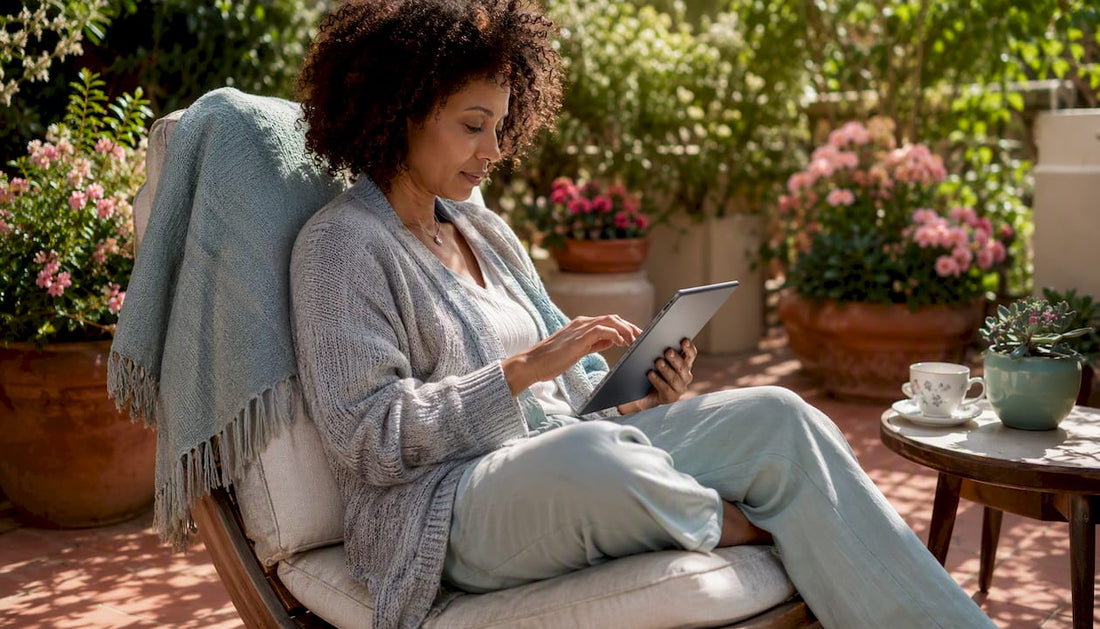 Woman browsing art website on tablet in living room