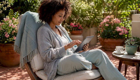 Woman browsing art website on tablet in living room