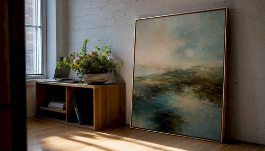 Framed canvas print in ambient contemporary studio