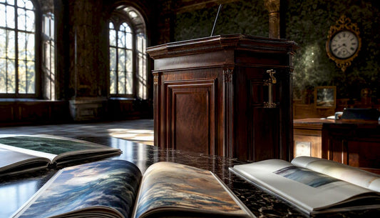 Elegant auction room with podium and catalogs
