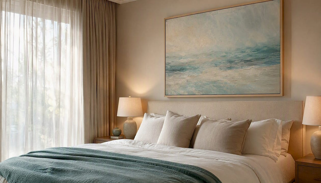 Guest room with perfectly sized abstract wall art above bed