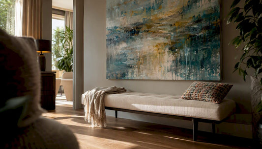 Modern living room with large abstract wall painting