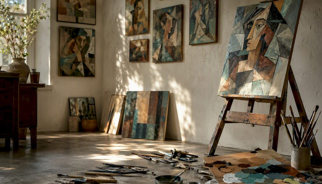 Cubist style paintings in artist studio