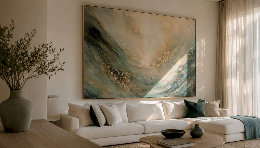 Modern living room with large abstract Christian wall art