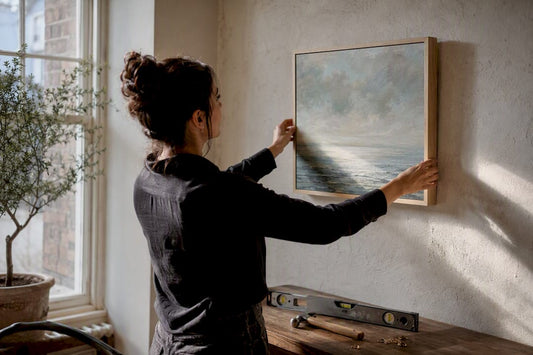 Hands hanging framed artwork on wall