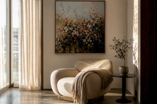 Small living room with floating furniture and large wall art