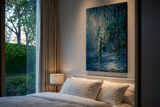 Hanging a large horizontal original painting above bed