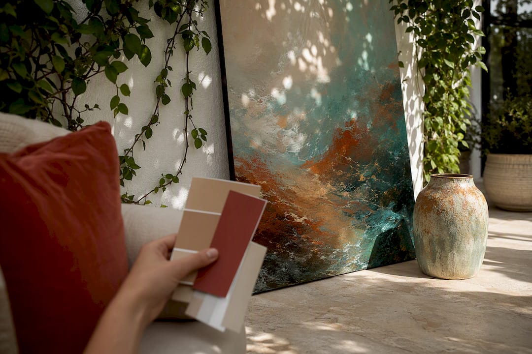 Hand holding paint swatches near artwork on wall