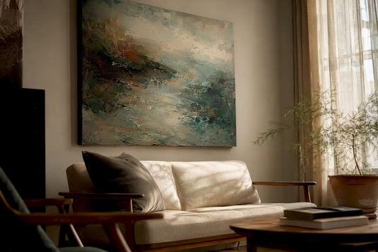 Living room with large rustic textured painting