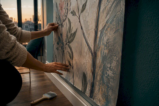 Hands applying museum-quality wall decal to living room wall