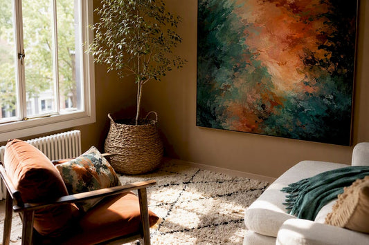 Living room with warm neutral walls and artwork