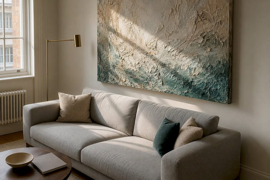 Large textured wall art over sofa in modern living room