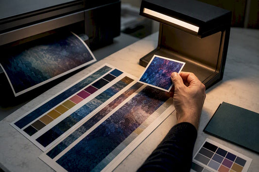 Giclée proof strips in a print studio