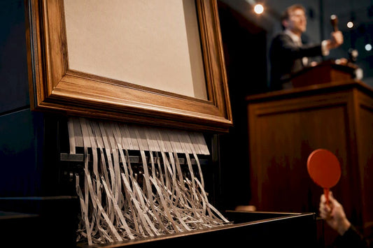 Framed artwork partially entering a shredder