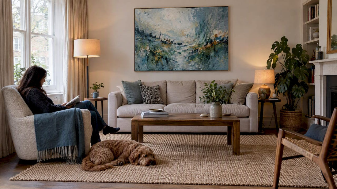 Refined sitting room with abstract artwork