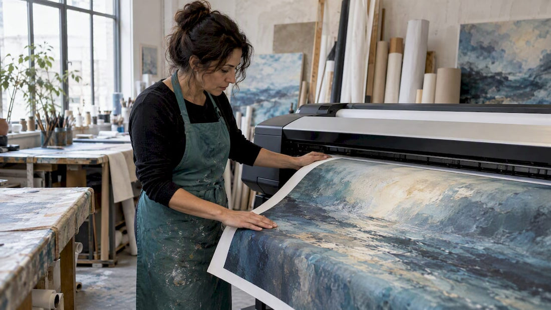 Artist inspecting freshly printed giclée canvas