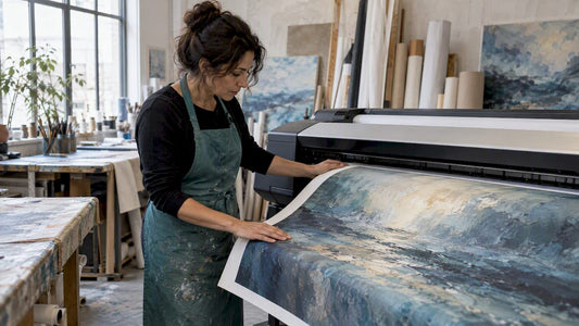 Artist inspecting freshly printed giclée canvas