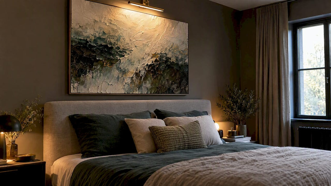 Textured abstract canvas above a bed