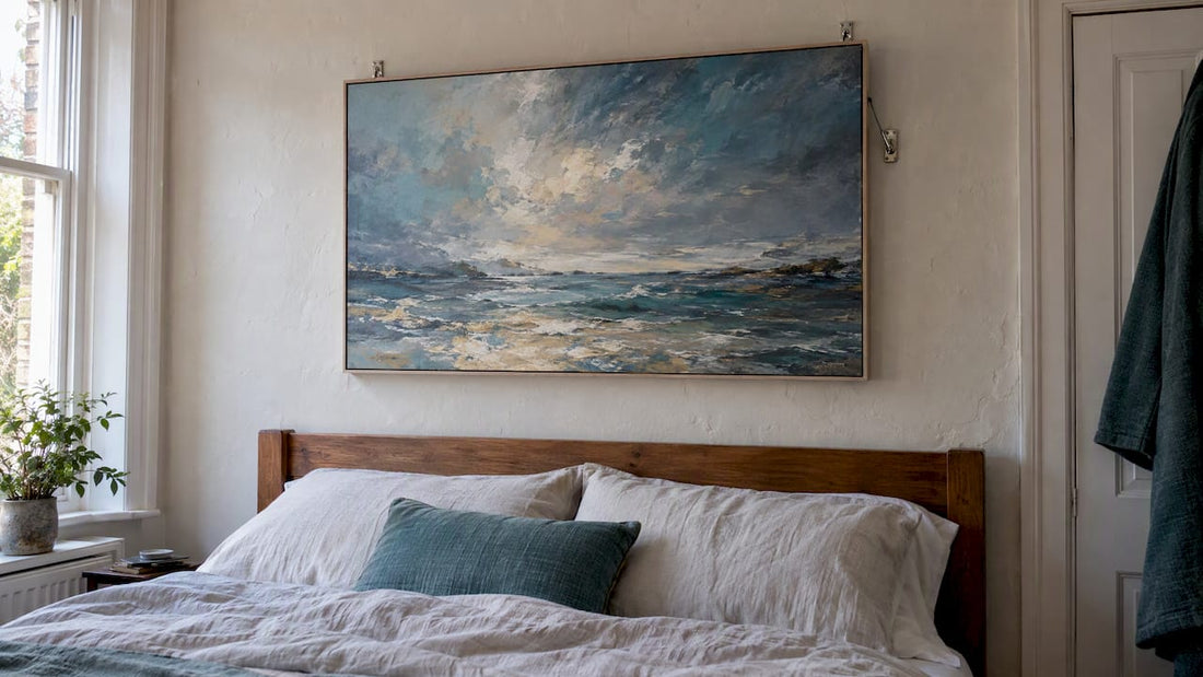 Securely hung framed artwork above a bedroom bed