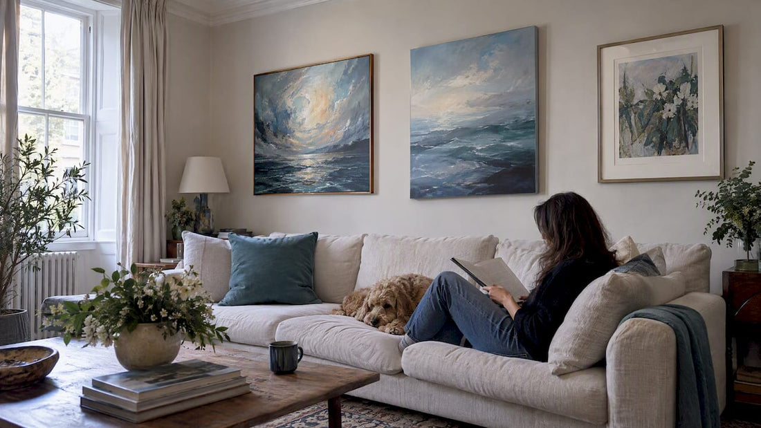 Three wall art formats in a living room