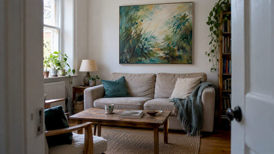 Abstract painting anchors a compact sitting room