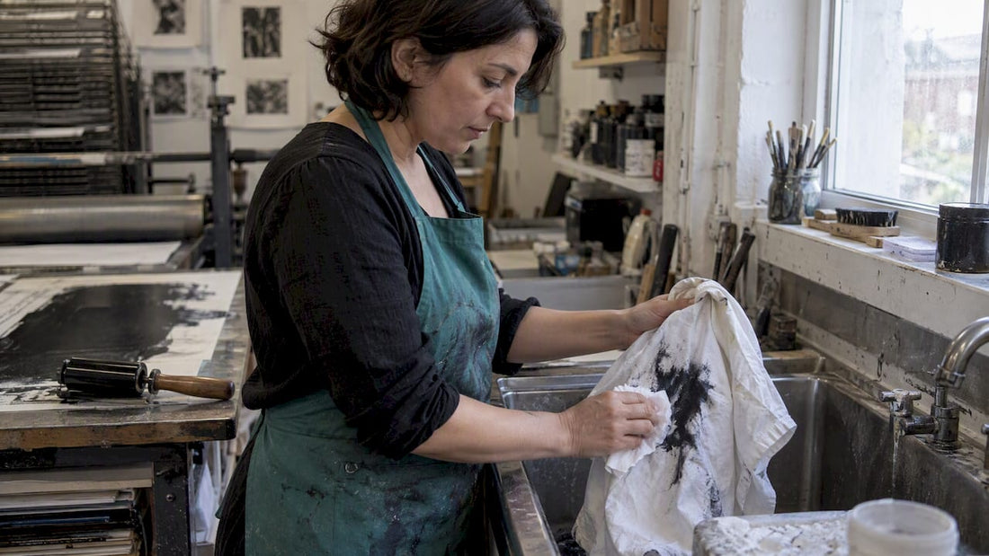 Printmaker blotting ink from a work shirt