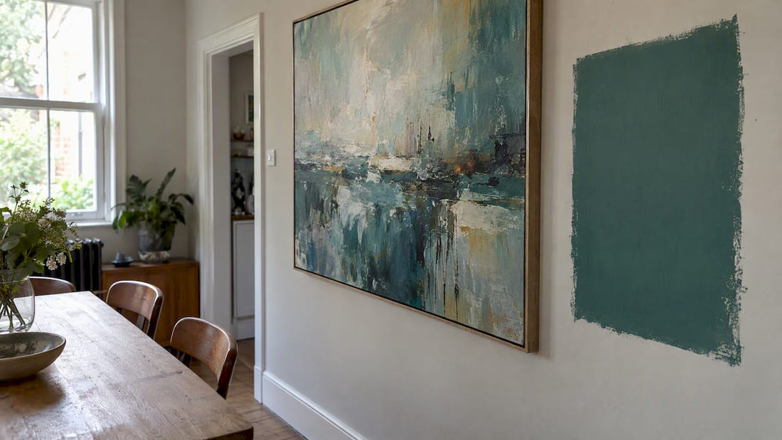 Abstract artwork beside a wide paint sample