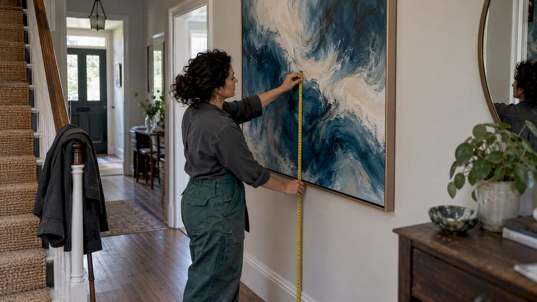 Installer positioning a large abstract painting