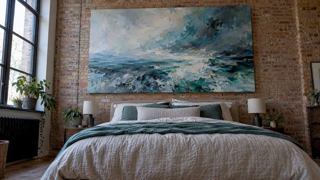 Large abstract seascape above a bedroom bed