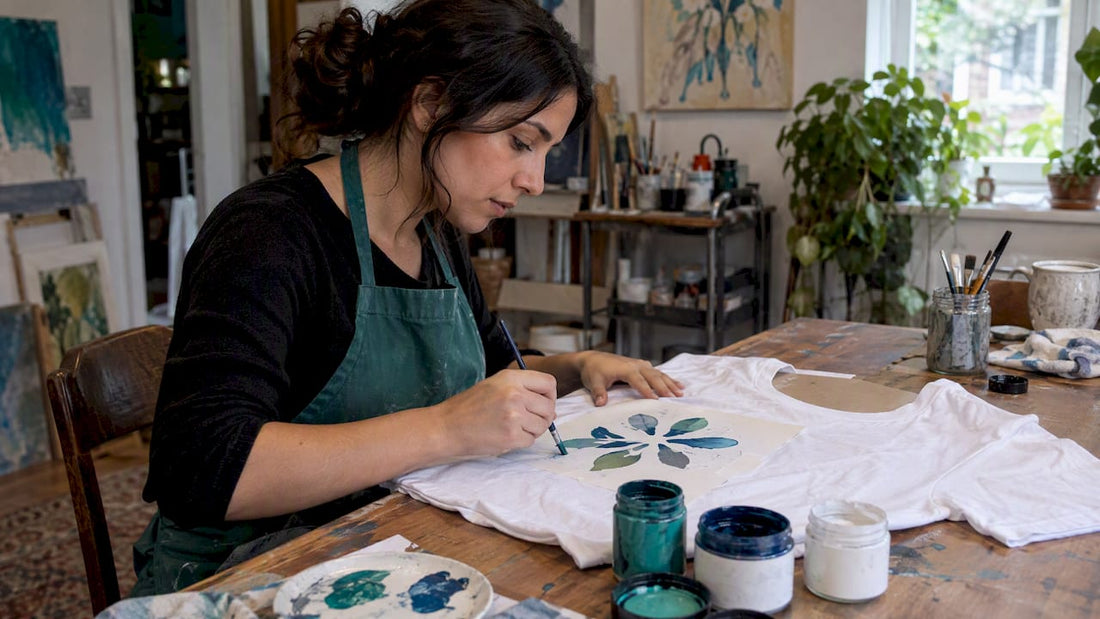 Artist painting a stencil design on a T-shirt