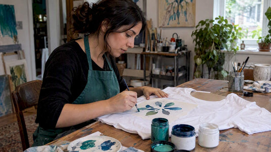 Artist painting a stencil design on a T-shirt