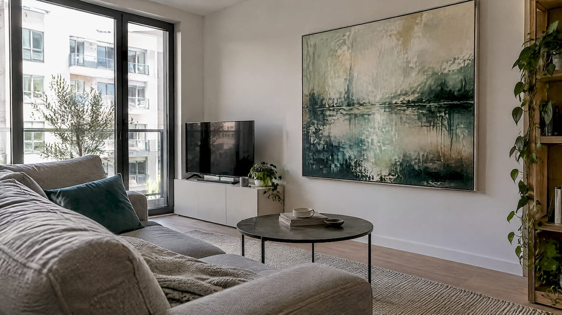 Original abstract painting above a condo sofa