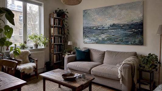 Large original painting above a compact sofa