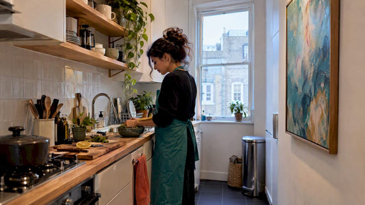 Compact kitchen with artwork and terracotta accent