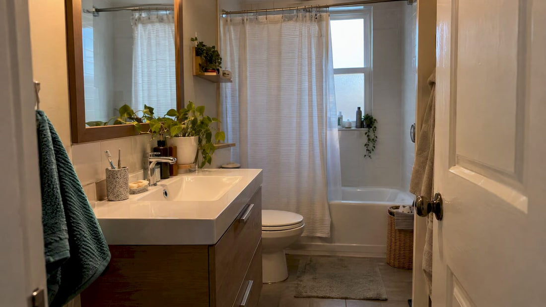 Warm compact bathroom with narrow vanity